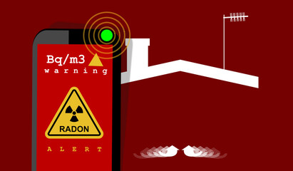 ILLUSTRATION of RADON TESTING. Alert signal, danger. Radioactive, colorless, odorless, tasteless noble gas. Accessories and detectors next to silhouette of a house. Air toxicity monitoring equipment. - obrazy, fototapety, plakaty