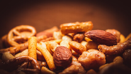 crunchy nuts pretzels trail mix snack healthy cooking eating food display