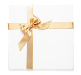 Blank board with golden ribbon bow on white background