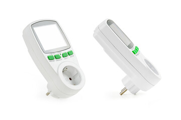 Electronic electricity consumption meter by different devices connected to outlet, expense analysis, wattmeter close-up