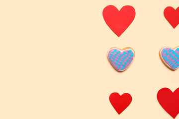 Valentine's Day different heart shaped cookies on color background