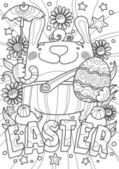 Easter colouring picture with bunny egg and umbrella