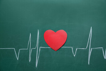Red heart and drawn cardiogram on green background. Donation concept