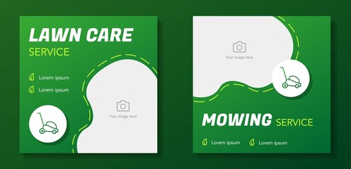 Lawn care service social media post banner set, grass mowing advertisement concept, green marketing square ad, backyard maintenance abstract flyer, leaflet, isolated - obrazy, fototapety, plakaty