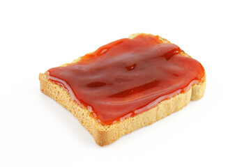 Sweet red jam spread on toast isolated on white background. Shiny marmalade