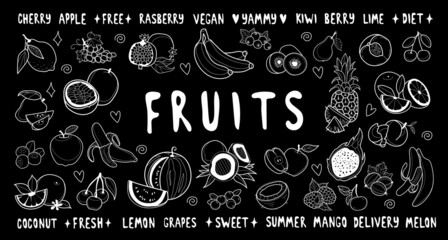Big set of fresh yummy fruits and berries on black chalkbord, individual elements for trend cafe shop design, hand writing words and font.