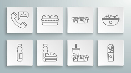 Set line Bottle of water, Sandwich, burger, Paper glass with drinking straw hotdog, Doner kebab, Hotdog sandwich mustard, Nachos plate and Food ordering icon. Vector