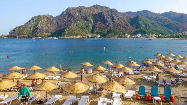 Marmaris Beach Icmeler People Swim And Relax On The Sea. Marmaris Turkey August 2021 