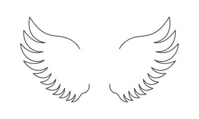 Obraz premium Flying angel or bird wings isolated on white background. Simple design in outline style. Freedom or spirit concept. Vector graphic illustration.