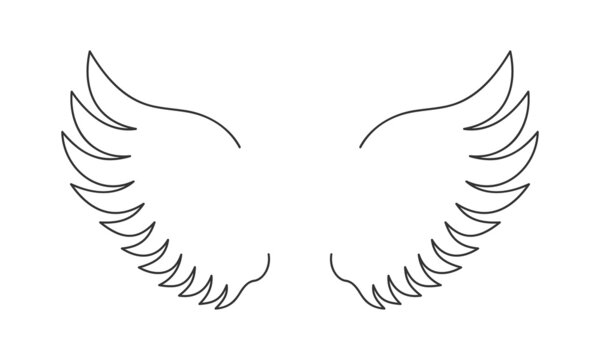 Flying angel or bird wings isolated on white background. Simple design in outline style. Freedom or spirit concept. Vector graphic illustration.