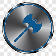 Axe simple icon vector on metal round button. Transparent grid