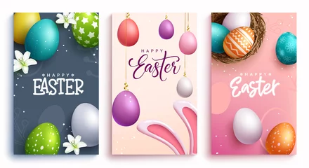 Fotobehang Easter season vector poster set. Happy easter greeting text with 3d colorful egg prints and pattern for holiday seasonal card collection design. Vector illustration.  © ZeinousGDS