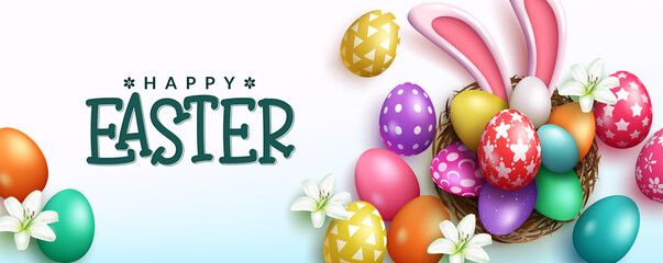Easter season vector background design. Happy easter text with 3d colorful eggs and bunny ears in basket nest decoration for playful egg hunt celebration. Vector illustration.
