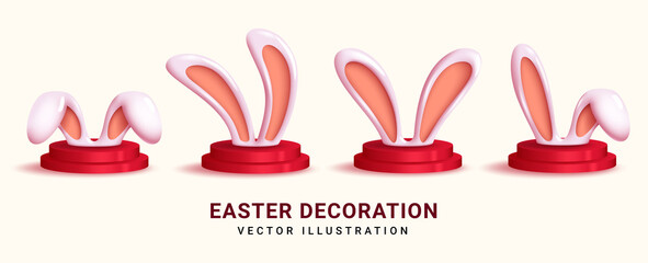 Easter bunny vector set design. 3d bunny ears in figurine decoration and playful gestures with podium elements for easter holiday object collection. Vector illustration.
 - obrazy, fototapety, plakaty