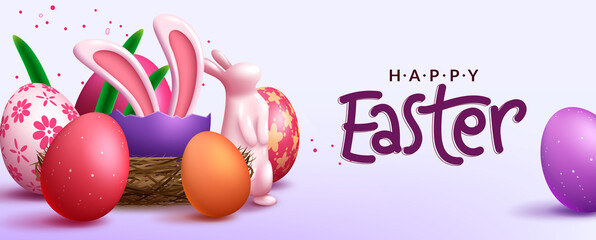 Easter season vector background design. Happy easter text with 3d eggs and bunny decoration for egg hunt seasonal celebration greeting messages. Vector illustration.
