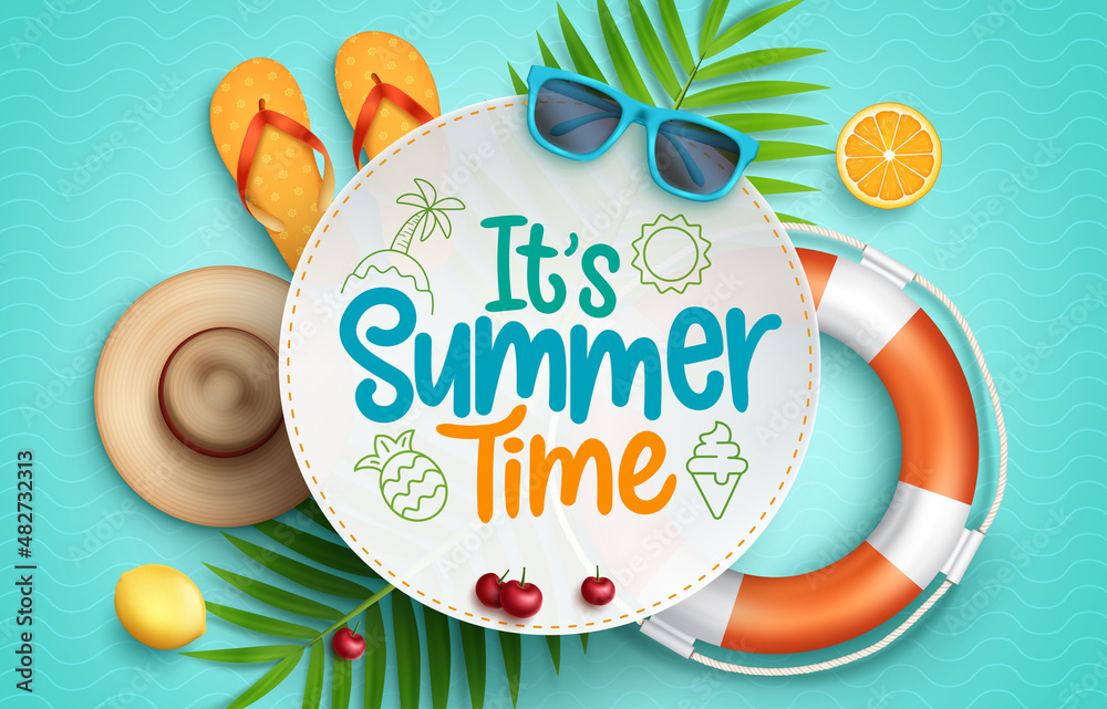 Fototapete summer time vector template design. it's summer time text in circle shape space template with floati