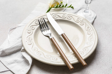 Beautiful table setting for wedding on light background