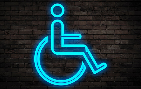 Icono de silla de ruedas en ne&oacute;n azul.
