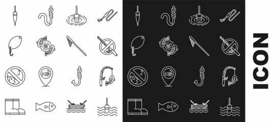 Set line Fishing float in water, rod and fish, No fishing, spoon, and net icon. Vector © Oksana