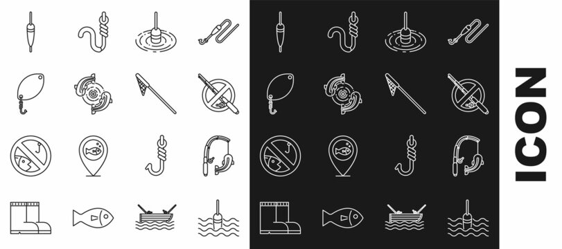 Set line Fishing float in water, rod and fish, No fishing, spoon, and net icon. Vector