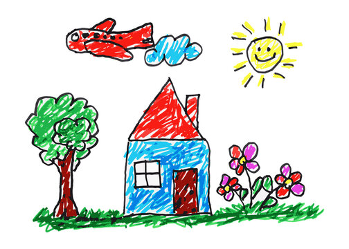 Kids drawing. Drawing made by a child. Children's illustration of a house with a chimney and smoke. It has a garden with colorful flowers, grass and a tree. A sky with clouds and a smiling sun.