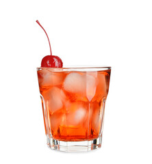 Glass of Manhattan cocktail with cherry and ice on white background