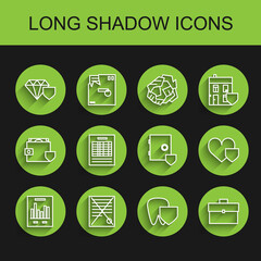 Set line Document with graph chart, Delete file document, Diamond shield, Tooth, Briefcase, Report, Heart and Safe icon. Vector