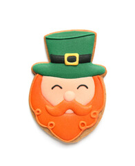 Tasty decorative gingerbread cookie for St. Patrick's Day celebration isolated on white background