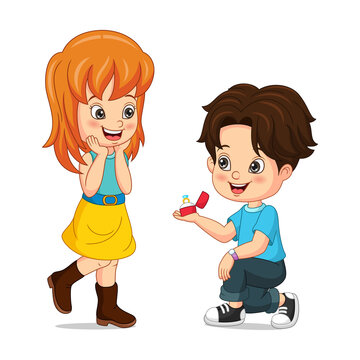 Cartoon boy giving engagement ring to his girl