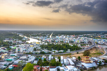 Obraz premium Royalty high quality free stock image. Panoramic view of Nga Bay city, Hau Giang province, Viet Nam from above
