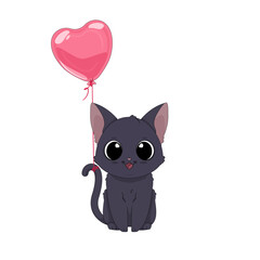 Kot i balon w kształcie serca. Ręcznie rysowany uroczy mały kotek. Wektorowa ilustracja zadowolonego, siedzącego kota. Słodki, romantyczny zwierzak. Kartka walentynkowa. - obrazy, fototapety, plakaty