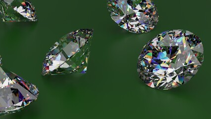 Shiny Diamonds on natural green surface background. Concept image of luxury living, expensive things and high added value. 3D CG. High resolution.