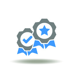 Vector illustration of awards or stamp with check mark and star. Symbol of CX Customer Experience Feedback Client Satisfaction. Icon of standard quality. Approved, Certified Sign.