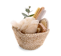 Wicker basket with bath supplies on white background