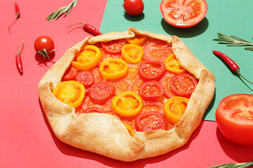Tasty tomato galette and spices on color background, closeup