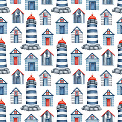 Watercolor Nautical seamless pattern. Hand drawn Lighthouse and striped Beach Houses. Sea, Ocean Coast, Vacation, Travel theme. Bright Maritime background for nursery print, fabric, textile, paper