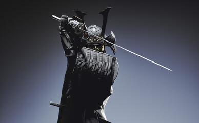 A samurai wearing Japanese armor and holding a katana. 3D illustration. - obrazy, fototapety, plakaty