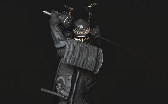 A samurai wearing Japanese armor and holding a katana on dark background. 3D illustration.