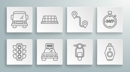 Set line Traffic light, Taxi car roof, Scooter, Car key with remote, Route location, Stopwatch 24 hours and icon. Vector