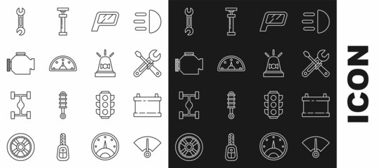 Set line Speedometer, Car battery, Screwdriver and wrench tools, mirror, Check engine, Wrench and Flasher siren icon. Vector