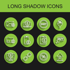 Set line Computer monitor with dollar, Chain link, Envelope coin, Discount percent tag, Financial growth and, Smartphone, Buy button and Tablet icon. Vector