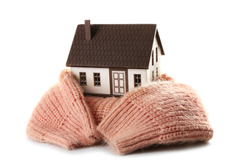 House model with beige sweater on white background. Heating concept