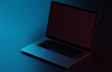 Laptop with blank display to be completed on dark background. Concept of adding content to your computer.