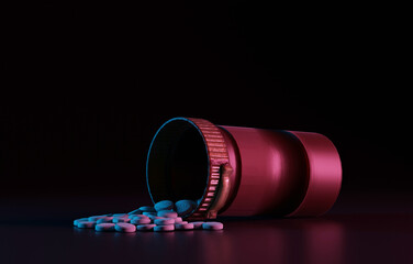 Pills with packaging on a dark background. 3d render, 3d illustration. Pharmaceutical and medical concept, human treatment. Various colored drugs lying on the table. Various human diseases.