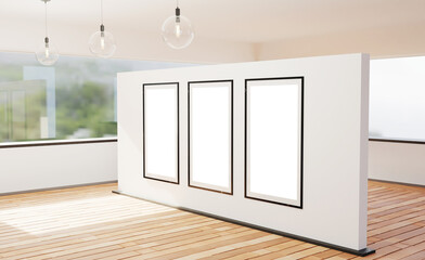 Empty picture frames on the wall in the center of the room. The concept of placing content within. 3d render, 3d illustration.