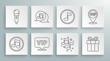 Set line Music note, tone, Musical in speech bubble, Location Vip, Gift box, and Microphone icon. Vector