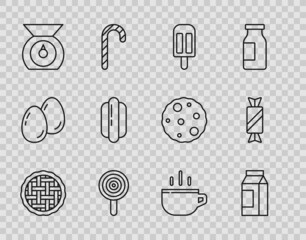 Set line Homemade pie, Paper package for milk, Ice cream, Lollipop, Scales, Hotdog sandwich, Coffee cup and Candy icon. Vector