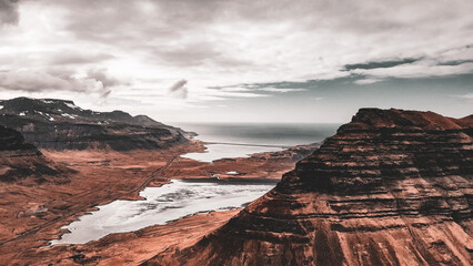 Aerial Drone view of Iceland Landscape of the iconic Kirkjufell Mountain