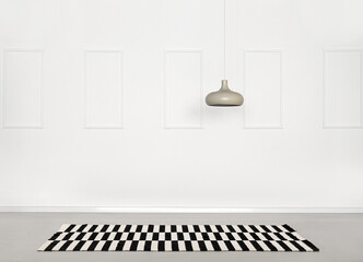 View of empty room with carpet and hanging lamp