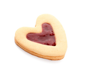 Tasty cookie in heart shape on white background